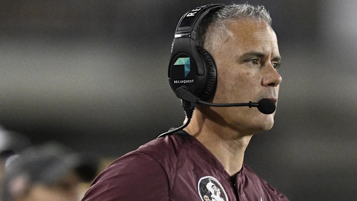 Sep 28, 2024; Dallas, Texas, USA; Florida State Seminoles head coach Mike Norvell during the game between the Southern Methodist Mustangs and the Florida State Seminoles at Gerald J. Ford Stadium. Mandatory Credit: Jerome Miron-Imagn Images