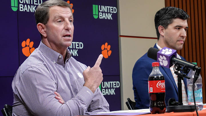 Clemson football Head Coach Dabo Swinney details events of transfer portal Luke Ferrelli and “tampering” with signed players, next to Atheletic Director Graham Neff during a press conference in the Smart Family Media Center in Clemson, SC, Friday, Jan 23 2026. Clemson football Head Coach Dabo Swinney details events of transfer portal Luke Ferrelli and “tampering” with signed players, next to Atheletic Director Graham Neff during a press conference in the Smart Family Media Center in Clemson, SC, Friday, Jan 23 2026.