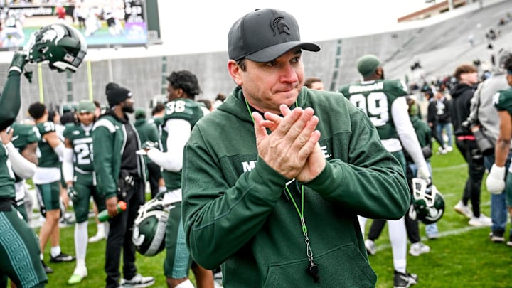 Michigan State's head coach Jonathan Smith leaves the file after the Spring Showcase on Saturday,