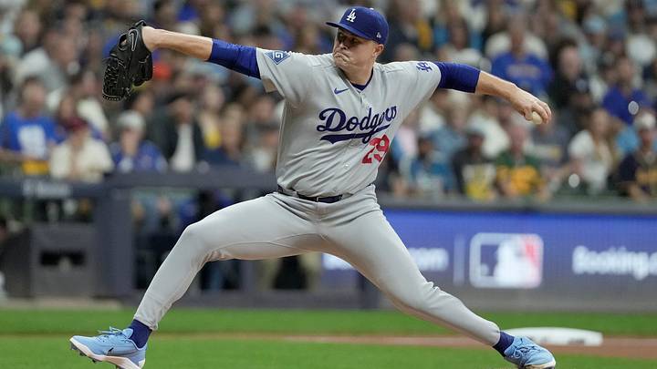 Los Angeles Dodgers pitcher Tarik Skubal (29) pitches during the first inning of their National League Championship Series game against the Milwaukee Brewers at American Family Field on Oct 11, 2026.