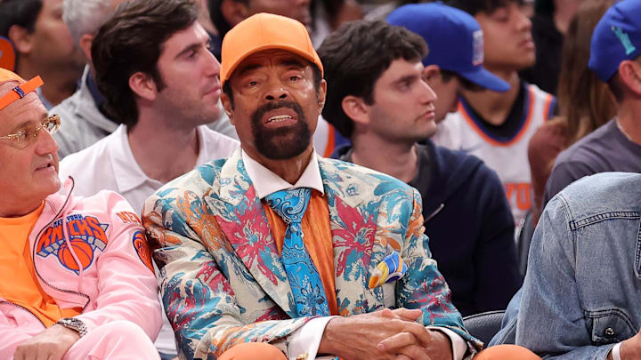 May 19, 2024; New York, New York, USA; NBA former player Walt Frazier sits court side during the second quarter of game seven of the second round of the 2024 NBA playoffs between the New York Knicks and the Indiana Pacers at Madison Square Garden. Mandatory Credit: Brad Penner-Imagn Images