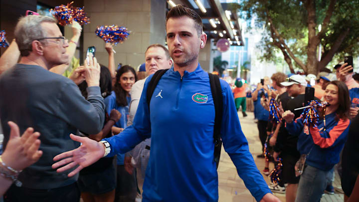 Florida head coach Todd Golden greets fans before the NCAA March Madness opening round at JW Marriott in Tampa, FL on Friday, March 20, 2026. Several hundred people cheered Florida as they left to board the bus for to go to the arena. [Alan Youngblood/Gainesville Sun]