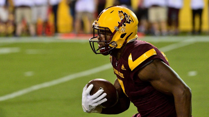 Oct 28, 2017; Tempe, AZ, USA; Arizona State Sun Devils running back Kalen Ballage (7) runs with the ball during the first half against the USC Trojans at Sun Devil Stadium. Mandatory Credit: Matt Kartozian-Imagn Images