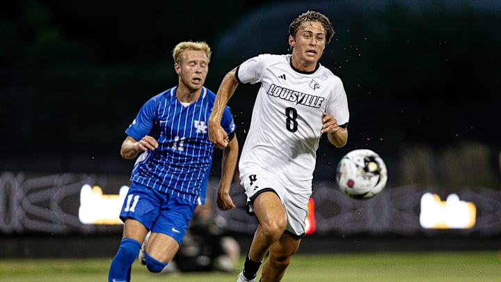 Louisville midfielder David Boccuzzo (8) went on the attack during first half action as the Louisville Cardinals hosted the Kentucky Wildcats in a top-25 men's soccer matchup at Dr. Mark and Cindy Lynn Stadium on Tuesday, Sept. 5, 2023