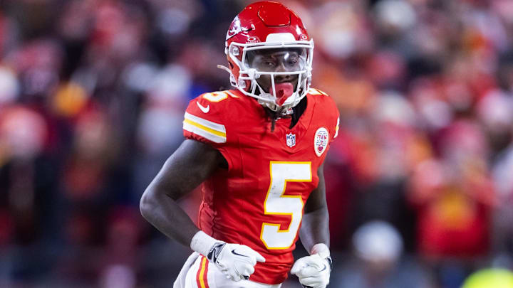 Jan 26, 2025; Kansas City, MO, USA; Kansas City Chiefs wide receiver Hollywood Brown (5) against the Buffalo Bills in the AFC Championship game at GEHA Field at Arrowhead Stadium. Mandatory Credit: Mark J. Rebilas-Imagn Images