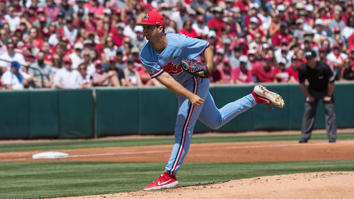Jun 10, 2019; Fayetteville, AR, USA; Mississippi Rebels pitcher Gunnar Hoglund (17) throws a pitch during the game against the Arkansas Razorbacks at Baum-Walker Stadium. Mandatory Credit: Brett Rojo-Imagn Images