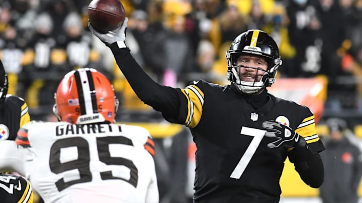 Jan 3, 2022; Pittsburgh, Pennsylvania, USA;  Pittsburgh Steelers quarterback Ben Roethlisberger (7) throws a pass under pressure from Cleveland Browns defensive end Myles Garrett (95) during the fourth quarter at Heinz Field. Mandatory Credit: Philip G. Pavely-Imagn Images