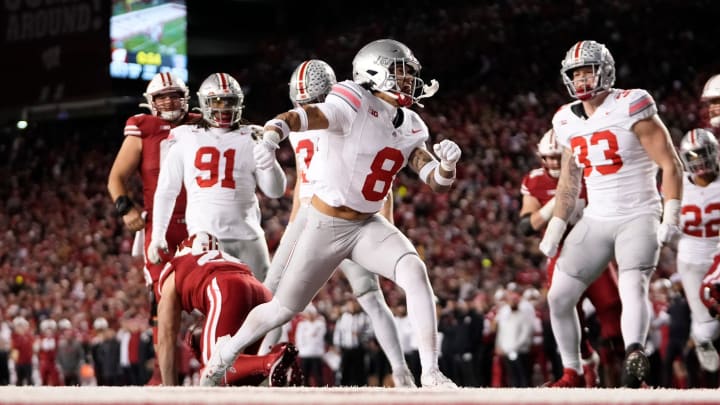 Ohio State safety Lathan Ransom (8) celebrates a defensive stop against Wisconsin at Camp Randall Ohio State safety Lathan Ransom (8) celebrates a defensive stop against Wisconsin at Camp Randall