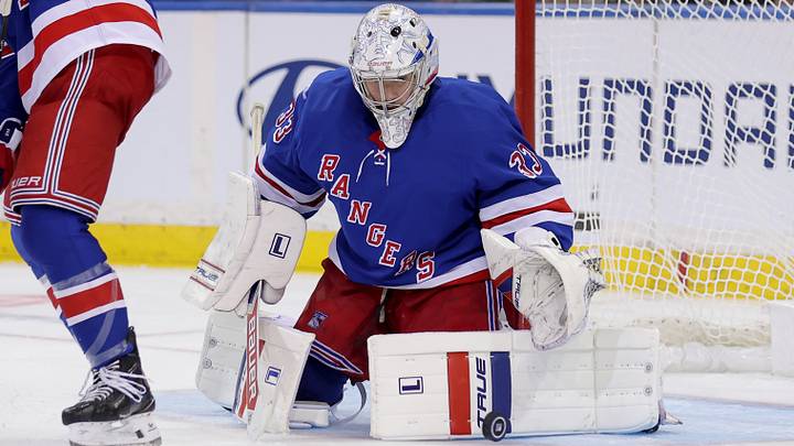 Oct 13, 2026; New York, New York, USA; New York Rangers goaltender Dylan Garand (33) makes a save against the Tampa Bay Lightning during the second period at Madison Square Garden. Mandatory Credit: Brad Penner-Imagn Images Oct 13, 2026; New York, New York, USA; New York Rangers goaltender Dylan Garand (33) makes a save against the Tampa Bay Lightning during the second period at Madison Square Garden. Mandatory Credit: Brad Penner-Imagn Images