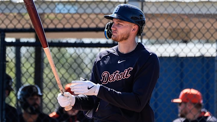 Detroit Tigers outfielder Parker Meadows bats during spring training at TigerTown in Lakeland, Fla. on Friday, Feb. 21, 2025.