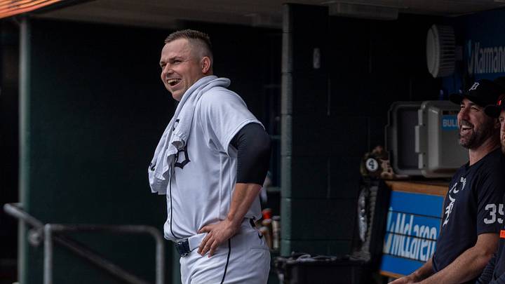 Detroit Tigers starting pitcher Tarik Skubal (29) smiles as he stands in the dugout alongside Justin Verlander during their game against the Baltimore Orioles at Comerica Park in Detroit on Wednesday, July 29, 2026.