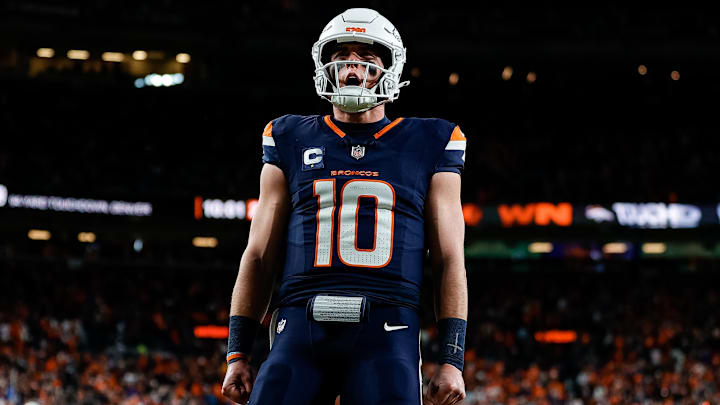 Dec 2, 2024; Denver, Colorado, USA; Denver Broncos quarterback Bo Nix (10) reacts after a play in the third quarter against the Cleveland Browns at Empower Field at Mile High. 