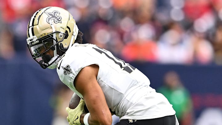 Oct 15, 2023; Houston, Texas, USA; New Orleans Saints wide receiver Chris Olave (12) receives a pass