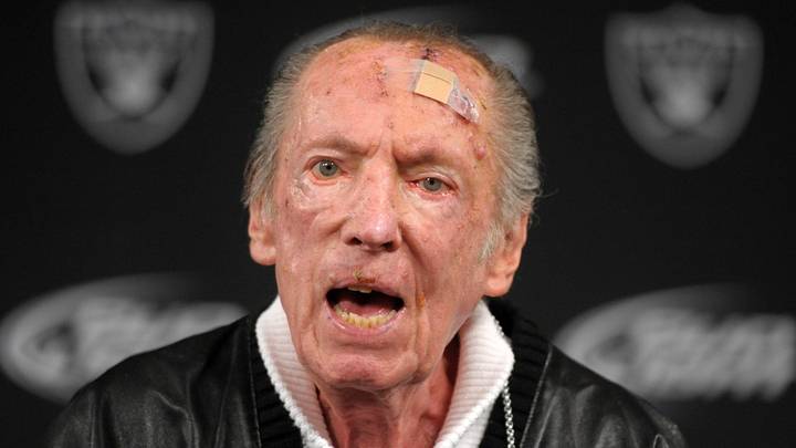 Oakland Raiders owner Al Davis at press conference to announce hiring of Hue Jackson as coach at the Oakland Raiders.