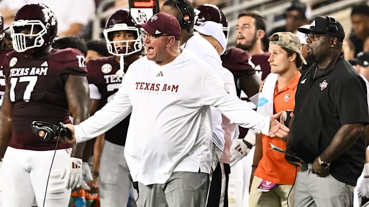 Sep 21, 2024; College Station, Texas, USA; Texas A&M Aggies head coach Mike Elko reacts during the second quarter against the Bowling Green Falcons at Kyle Field. Sep 21, 2024; College Station, Texas, USA; Texas A&M Aggies head coach Mike Elko reacts during the second quarter against the Bowling Green Falcons at Kyle Field.