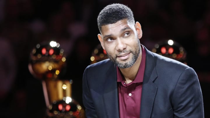 Dec 18, 2016; San Antonio, TX, USA; Former San Antonio Spurs power forward Tim Duncan smiles during a ceremony to retire his No. 21 jersey after an NBA basketball game between the Spurs and the New Orleans Pelicans at AT&T Center. 