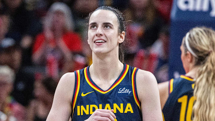Jun 14, 2025; Indianapolis, Indiana, USA; Indiana Fever guard Caitlin Clark (22) in the second half against the New York Liberty at Gainbridge Fieldhouse. Mandatory Credit: Trevor Ruszkowski-Imagn Images