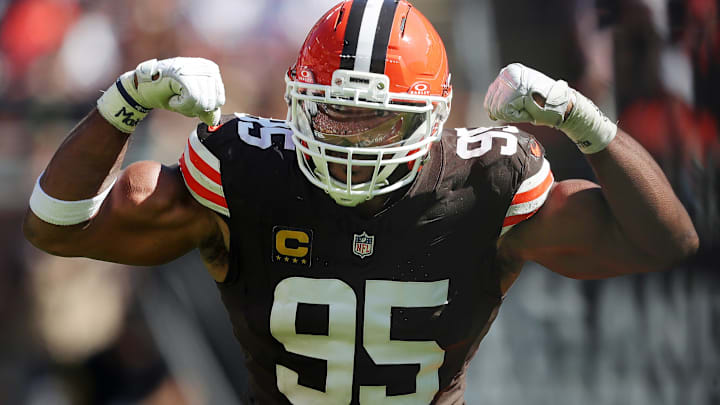 Cleveland Browns defensive end Myles Garrett celebrates after sacking Cincinnati Bengals quarterback Joe Burrow on Sept. 7, 2025, in Cleveland.