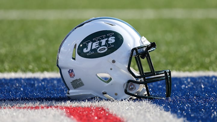 Dec 9, 2018; Orchard Park, NY, USA; General view of a New York Jets helmet prior to the game against the Buffalo Bills at New Era Field. Mandatory Credit: Rich Barnes-Imagn Images