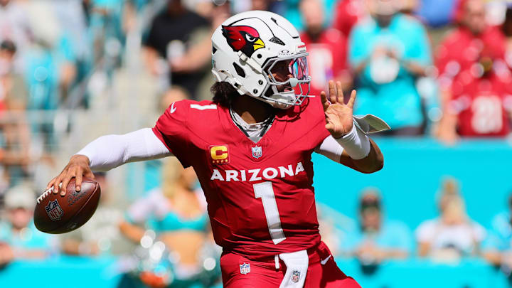 Oct 27, 2024; Miami Gardens, Florida, USA; Arizona Cardinals quarterback Kyler Murray (1) throws the football against the Miami Dolphins during the second quarter at Hard Rock Stadium. Mandatory Credit: Sam Navarro-Imagn Images Oct 27, 2024; Miami Gardens, Florida, USA; Arizona Cardinals quarterback Kyler Murray (1) throws the football against the Miami Dolphins during the second quarter at Hard Rock Stadium. Mandatory Credit: Sam Navarro-Imagn Images