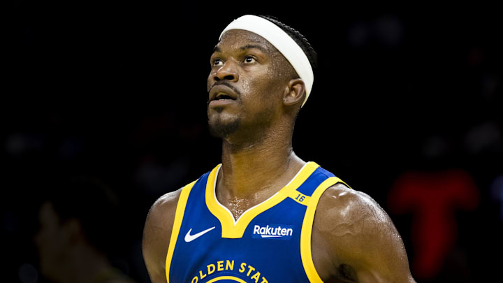 Feb 23, 2025; San Francisco, California, USA; Golden State Warriors forward Jimmy Butler III (10) watches the play during the second quarter of the game against the Dallas Mavericks at Chase Center. Mandatory Credit: John Hefti-Imagn Images