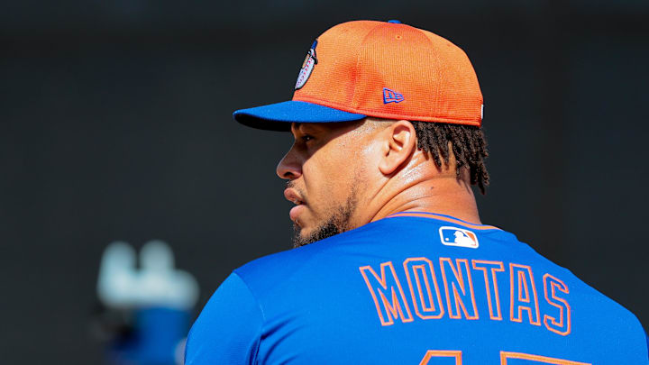 Feb 12, 2025; Port St. Lucie, FL, USA; New York Mets pitcher Frankie Montas (47) pitches during a Spring Training workout at Clover Park. Mandatory Credit: Sam Navarro-Imagn Images