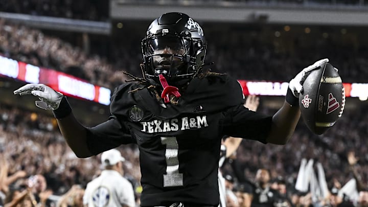Oct 4, 2025; College Station, Texas, USA; Texas A&M Aggies wide receiver Mario Craver (1) celebrates after scoring a touchdown during the fourth quarter against the Mississippi State Bulldogs at Kyle Field. Mandatory Credit: Maria Lysaker-Imagn Images Oct 4, 2025; College Station, Texas, USA; Texas A&M Aggies wide receiver Mario Craver (1) celebrates after scoring a touchdown during the fourth quarter against the Mississippi State Bulldogs at Kyle Field. Mandatory Credit: Maria Lysaker-Imagn Images