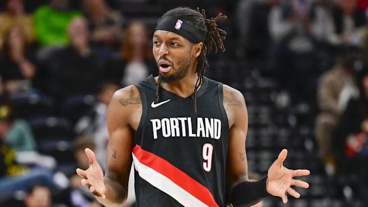 Oct 16, 2025; Salt Lake City, Utah, USA; Portland Trail Blazers forward Jerami Grant (9) questions a call during the second half against the Utah Jazz at Delta Center. Mandatory Credit: Peter Creveling-Imagn Images Oct 16, 2025; Salt Lake City, Utah, USA; Portland Trail Blazers forward Jerami Grant (9) questions a call during the second half against the Utah Jazz at Delta Center. Mandatory Credit: Peter Creveling-Imagn Images
