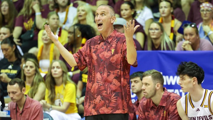 Nov 26, 2025; Lahaina, HI, USA; Arizona State Sun Devils head coach Bobby Hurley reacts to play as his team takes on the USC Trojans during the first half of the championship match at Lahaina Civic Center. Mandatory Credit: Marco Garcia-Imagn Images