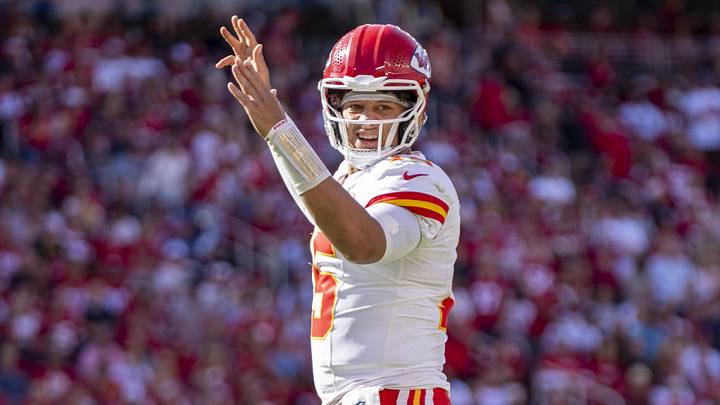 October 20, 2024; Santa Clara, California, USA; Kansas City Chiefs quarterback Patrick Mahomes (15) celebrates a touchdown against the San Francisco 49ers during the second quarter at Levi's Stadium. Mandatory Credit: Kyle Terada-Imagn Images