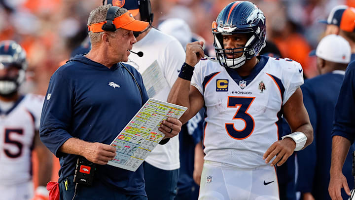 Sep 17, 2023; Denver, Colorado, USA; Denver Broncos head coach Sean Payton talks with quarterback Russell Wilson (3) in the fourth quarter against the Washington Commanders at Empower Field at Mile High. Mandatory Credit: Isaiah J. Downing-Imagn Images Sep 17, 2023; Denver, Colorado, USA; Denver Broncos head coach Sean Payton talks with quarterback Russell Wilson (3) in the fourth quarter against the Washington Commanders at Empower Field at Mile High. Mandatory Credit: Isaiah J. Downing-Imagn Images