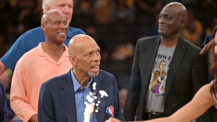 Apr 8, 2022; Los Angeles, California, USA; Byron Scott, Bill Walton and Michael Cooper look on as birthday candles are lit to celebrate Los Angeles Lakers Hall of Famers Kareem Abdul-Jabbar 75th birthday during halftime during the game between the Los Angeles Lakers and the Oklahoma City Thunder at Crypto.com Arena. Mandatory Credit: Jayne Kamin-Oncea-Imagn Images Apr 8, 2022; Los Angeles, California, USA; Byron Scott, Bill Walton and Michael Cooper look on as birthday candles are lit to celebrate Los Angeles Lakers Hall of Famers Kareem Abdul-Jabbar 75th birthday during halftime during the game between the Los Angeles Lakers and the Oklahoma City Thunder at Crypto.com Arena. Mandatory Credit: Jayne Kamin-Oncea-Imagn Images
