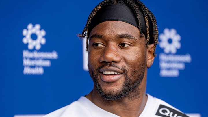New York Giants linebacker Bobby Okereke speaks to the press after practice at Quest Diagnostics Training Center