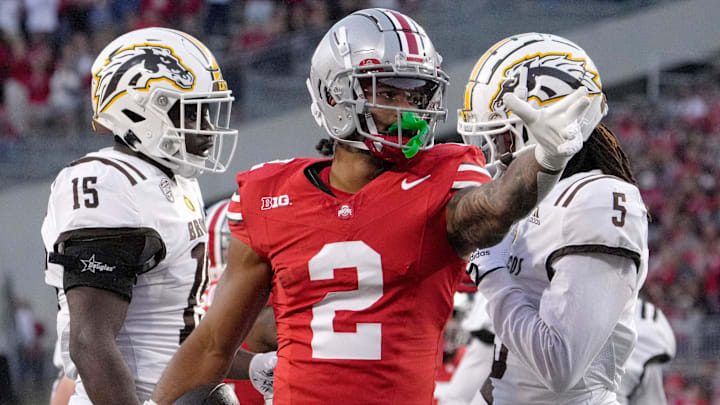 Sept. 7, 2024; Columbus, Ohio, USA;
Ohio State Buckeyes wide receiver Emeka Egbuka (2) signals for a first down during the first half of an NCAA Division I football game against the Western Michigan Broncos on Saturday at Ohio Stadium.