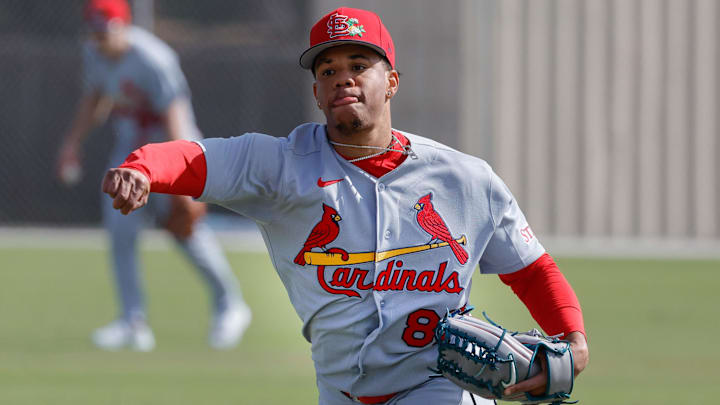Feb 16, 2026; Jupiter, FL, USA; St. Louis Cardinals pitcher Jurrangelo Cijntje throws the ball during spring training workouts at Roger Dean Stadium. Mandatory Credit: Reinhold Matay-Imagn Images Feb 16, 2026; Jupiter, FL, USA; St. Louis Cardinals pitcher Jurrangelo Cijntje throws the ball during spring training workouts at Roger Dean Stadium. Mandatory Credit: Reinhold Matay-Imagn Images