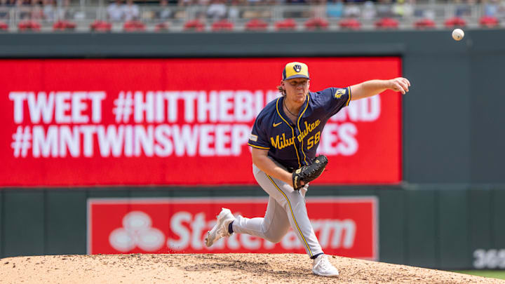 Jul 21, 2024; Minneapolis, Minnesota, USA; Milwaukee Brewers pitcher Rob Zastryzny (58) pitches in the fifth inning against the Minnesota Twins at Target Field. Mandatory Credit: Matt Blewett-Imagn Images Jul 21, 2024; Minneapolis, Minnesota, USA; Milwaukee Brewers pitcher Rob Zastryzny (58) pitches in the fifth inning against the Minnesota Twins at Target Field. Mandatory Credit: Matt Blewett-Imagn Images