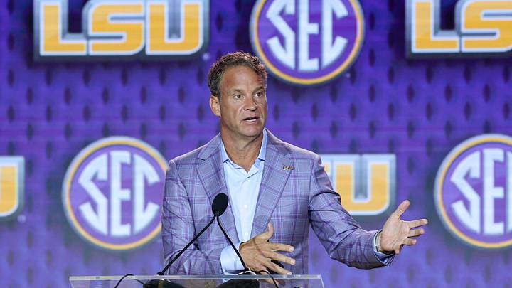Jul 23, 2026; Tampa, FL, USA; LSU Tigers head coach Lane Kiffin speaks to the press during SEC Football Kickoff Media Day at the Tampa Marriott. Mandatory Credit: Nathan Ray Seebeck-Imagn Images
