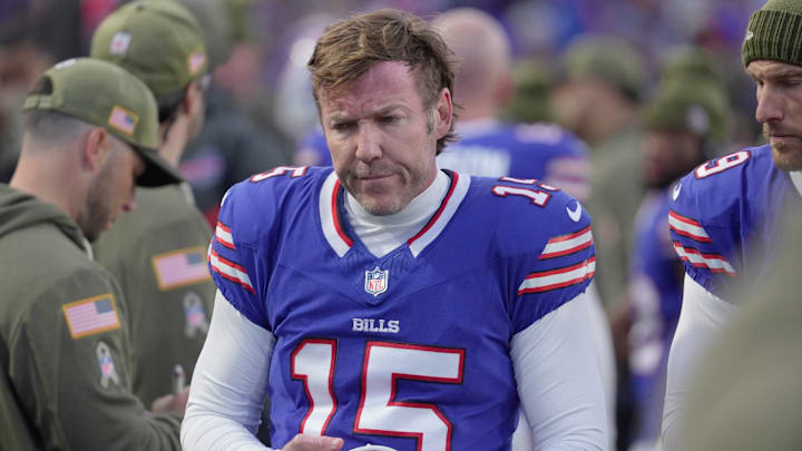Buffalo Bills place kicker Matt Prater walks over to the bench during first half action against the Kansas City Chiefs at Highmark Stadium in Orchard Park on Nov. 2, 2025.