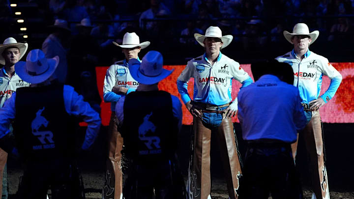The Oklahoma City Wildcatters line up before competing during the PBR Teams: Wildcatter Days at Paycom Center in Oklahoma City, Saturday, July, 12, 2025.