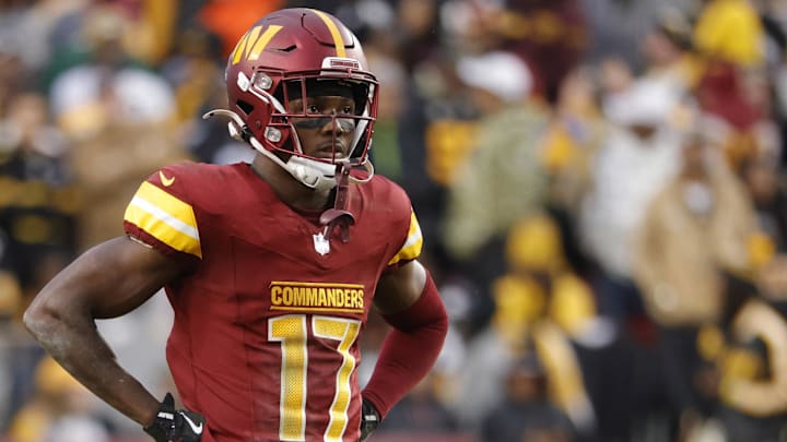 Nov 10, 2024; Landover, Maryland, USA; Washington Commanders wide receiver Terry McLaurin (17) looks on from the field during final minute of the game against the Pittsburgh Steelers at Northwest Stadium. Mandatory Credit: Amber Searls-Imagn Images