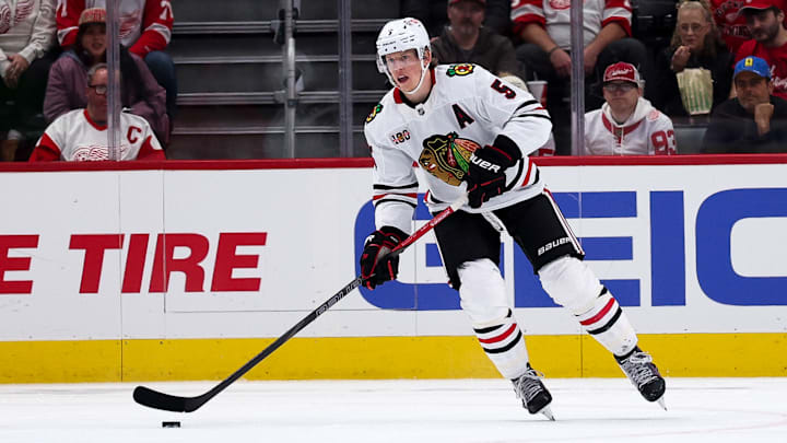 Chicago Blackhawks' defenseman Connor Murphy skates with the puck.