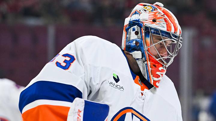 Mar 21, 2026; Montreal, Quebec, CAN; New York Islanders goalie David Rittich (33) looks on during warm-up before the game against the Montreal Canadiens at Bell Centre. Mandatory Credit: David Kirouac-Imagn Images