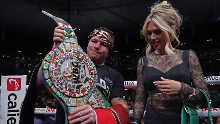 Canelo- Alvarez (MEX) Winner with wife Fernanda Gomez during the fight The King Coming Home for the Super Middleweight titles. Canelo- Alvarez (MEX) Winner with wife Fernanda Gomez during the fight The King Coming Home for the Super Middleweight titles.