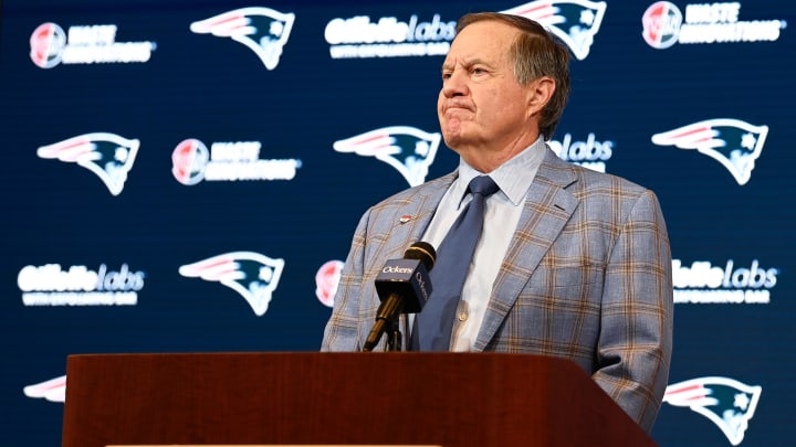 Jan 11, 2024; Foxborough, MA, USA; New England Patriots former head coach Bill Belichick holds a press conference at Gillette Stadium to announce his exit from the team. Mandatory Credit: Eric Canha-USA TODAY Sports Jan 11, 2024; Foxborough, MA, USA; New England Patriots former head coach Bill Belichick holds a press conference at Gillette Stadium to announce his exit from the team. Mandatory Credit: Eric Canha-USA TODAY Sports