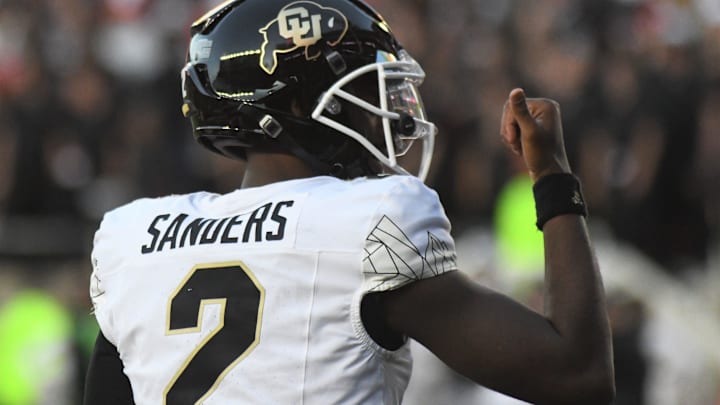 Colorado's Shedeur Sanders gestures after a touchdown against Texas Tech in a Big 12 football game Saturday, Nov. 9, 2024, at Jones AT&T Stadium.