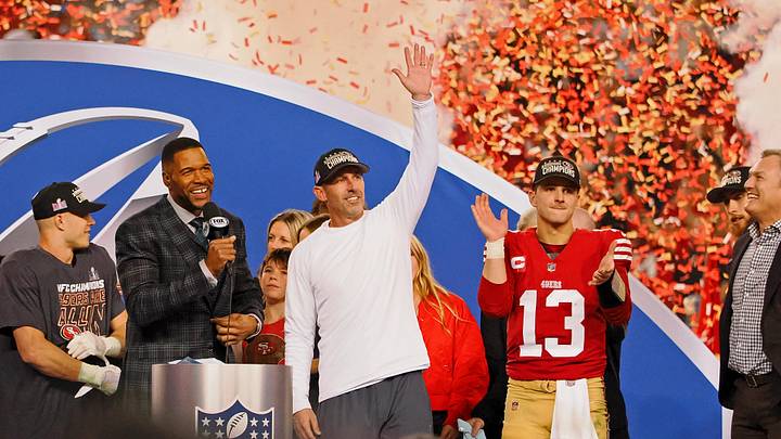 Jan 28, 2024; Santa Clara, California, USA; San Francisco 49ers head coach Kyle Shanahan waves to fans after winning the NFC Championship football game against the Detroit Lions at Levi's Stadium. Mandatory Credit: Kelley L Cox-Imagn Images