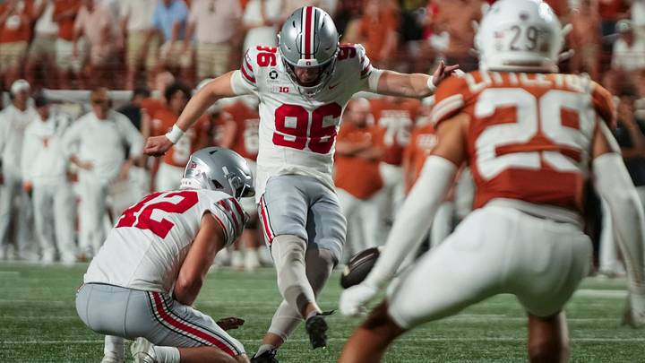 Ohio State Buckeyes kicker Connor Hawkins (96) kicks a field goal during the NCAA football game against the Texas Longhorns at Darrell K Royal–Texas Memorial Stadium in Austin, Texas on Sept. 12, 2026. Texas won 24-23. Ohio State Buckeyes kicker Connor Hawkins (96) kicks a field goal during the NCAA football game against the Texas Longhorns at Darrell K Royal–Texas Memorial Stadium in Austin, Texas on Sept. 12, 2026. Texas won 24-23.