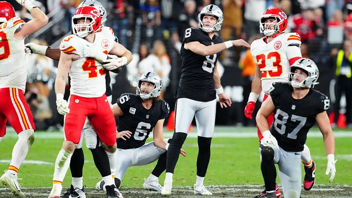 Jan 4, 2026; Paradise, Nevada, USA; Las Vegas Raiders place kicker Daniel Carlson (8) watches the ball after kicking a 60-yard field goal against the Kansas City Chiefs during the fourth quarter at Allegiant Stadium. Mandatory Credit: Stephen R. Sylvanie-Imagn Images Jan 4, 2026; Paradise, Nevada, USA; Las Vegas Raiders place kicker Daniel Carlson (8) watches the ball after kicking a 60-yard field goal against the Kansas City Chiefs during the fourth quarter at Allegiant Stadium. Mandatory Credit: Stephen R. Sylvanie-Imagn Images