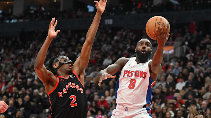 Apr 4, 2025; Toronto, Ontario, CAN; Detroit Pistons guard Tim Hardaway Jr. (8) shoots the ball against Toronto Raptors forward Jonathan Mogbo (2) in the first half at Scotiabank Arena. Mandatory Credit: Dan Hamilton-Imagn Images Apr 4, 2025; Toronto, Ontario, CAN; Detroit Pistons guard Tim Hardaway Jr. (8) shoots the ball against Toronto Raptors forward Jonathan Mogbo (2) in the first half at Scotiabank Arena. Mandatory Credit: Dan Hamilton-Imagn Images