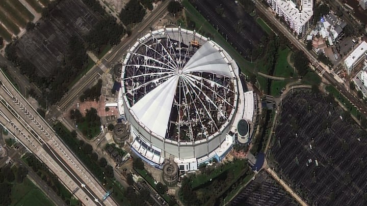 The roof of Tropicana Field, home of the Tampa Bay Rays MLB team, was torn off by Hurricane Milton's powerful winds. Satellite imagery from Maxar shows the destruction on Oct. 10, 2024.